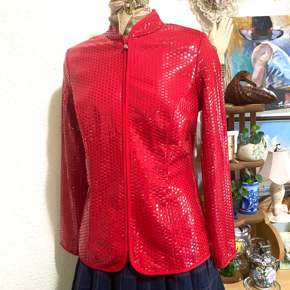 aDRESSing WOMAN vintage Jacket Cyber Y2K M Red Textured Zip Up rhinestone pull